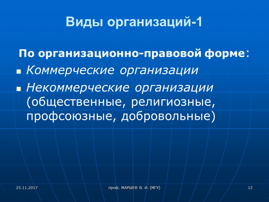 Виды организаций-1 По организационно-правовой форме: Коммерческие организации Некоммерческие организации (общественные, религиозные, профсоюзные, добровольные) 25.11.2017